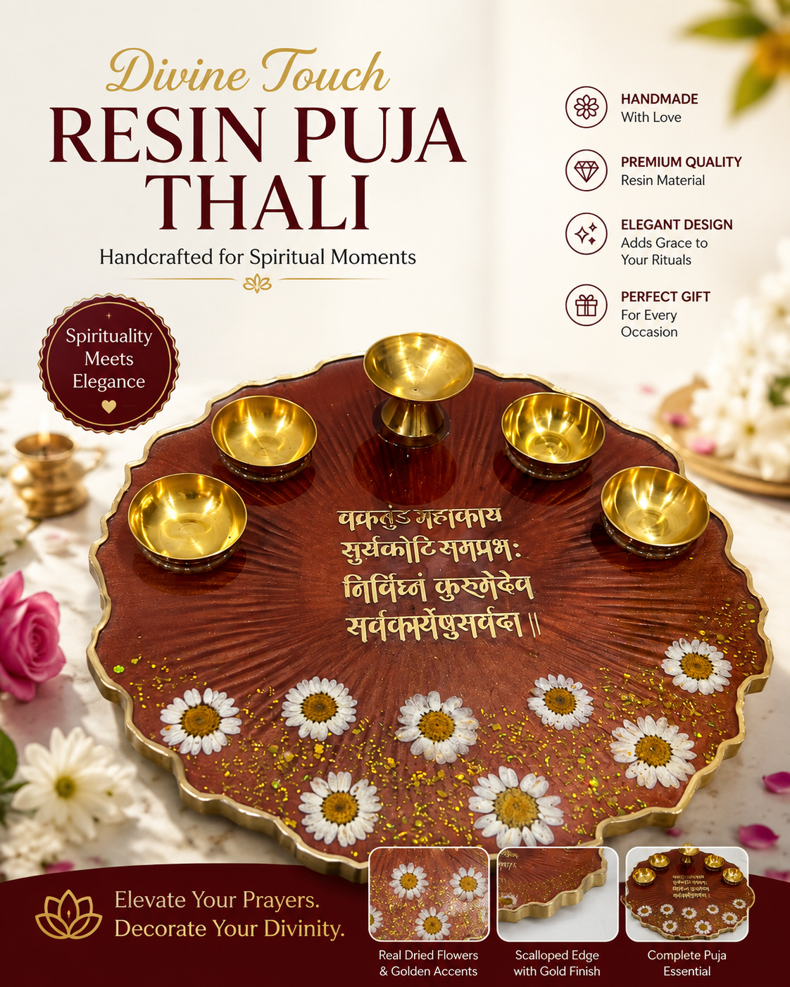 "Resin Puja Thali with Dried Flowers – Handmade Decorative Pooja Plate for Diwali, Home Temple & Gifting"
