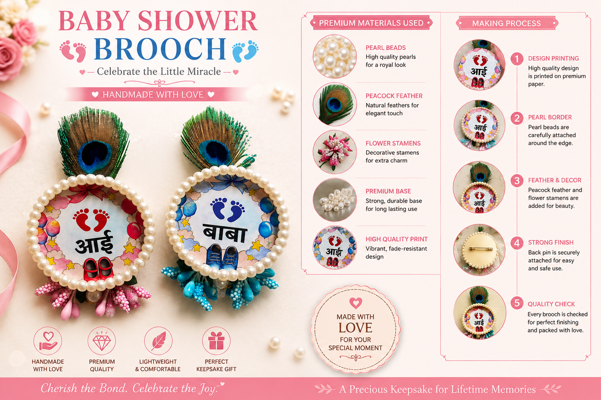Premium Aai Baba Brooch Set for Marathi Baby Shower | Marathi आई बाबा Badge | Dohale Jevan Ceremony Brooch | Godh Bharai Function Accessories | Unique Baby Shower Keepsake Gift