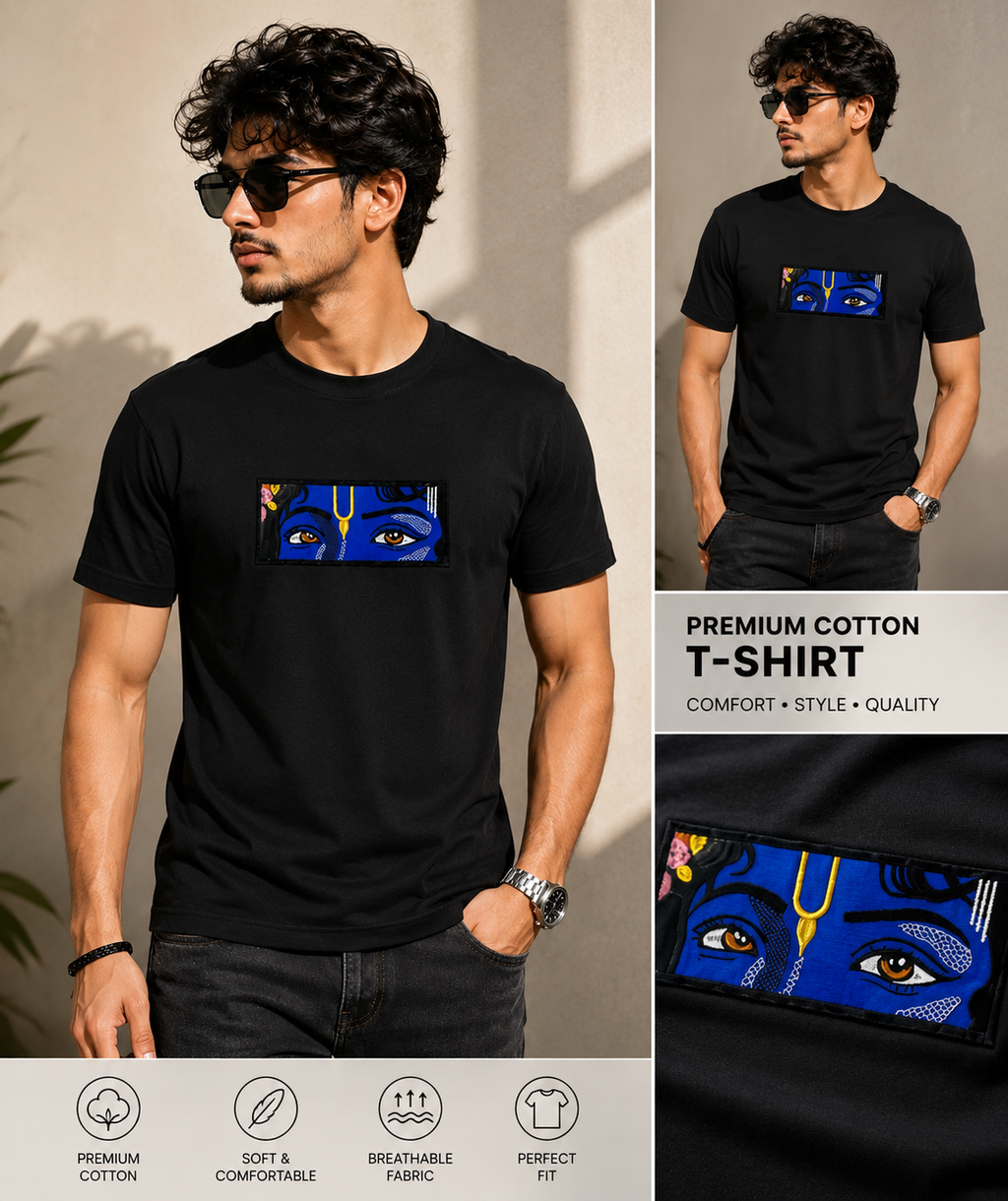 Divine Krishna Eyes Embroidered T-Shirt for Men | Premium Cotton Graphic Embroidery Tee