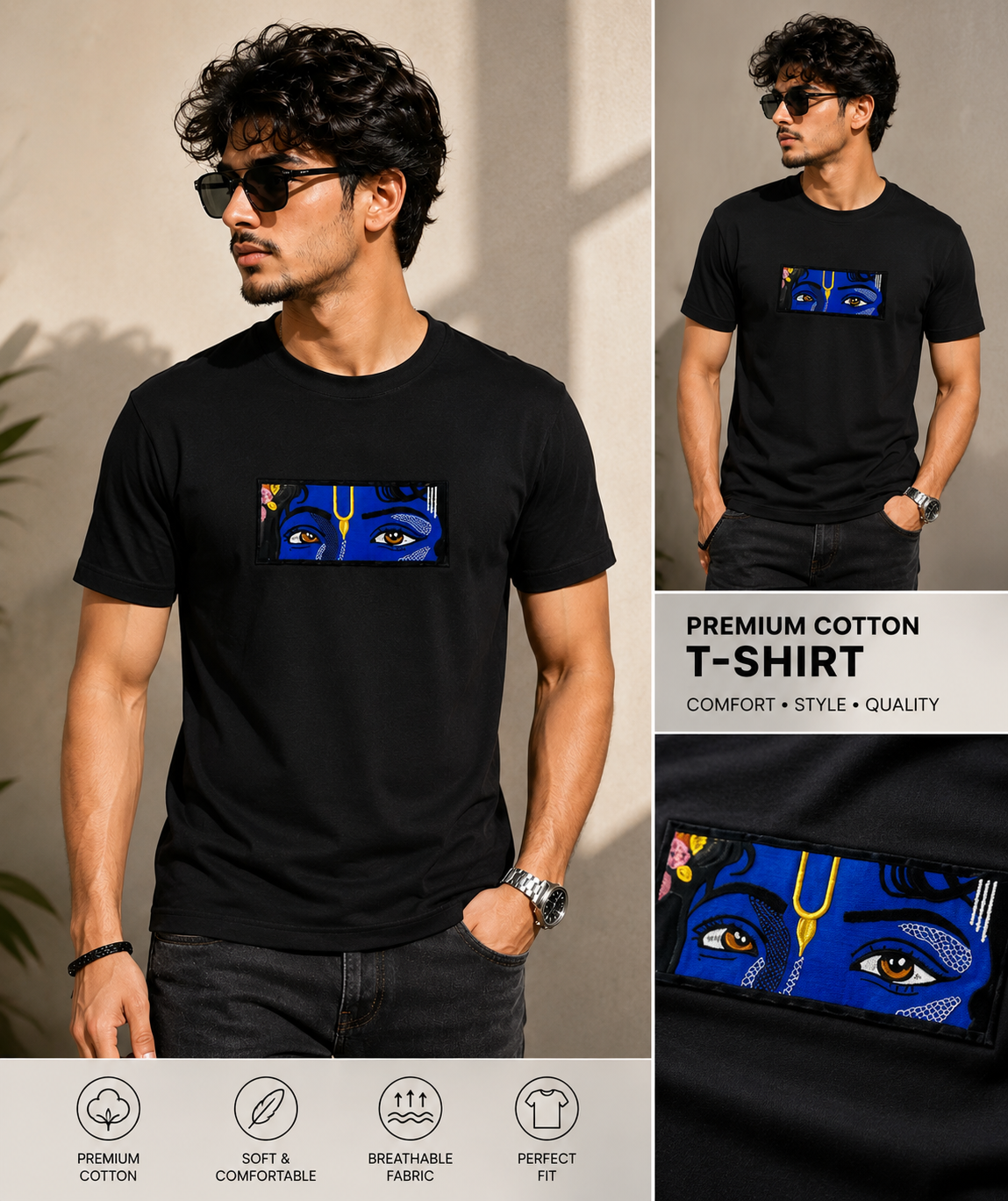 Divine Krishna Eyes Embroidered T-Shirt for Men | Premium Cotton Graphic Embroidery Tee