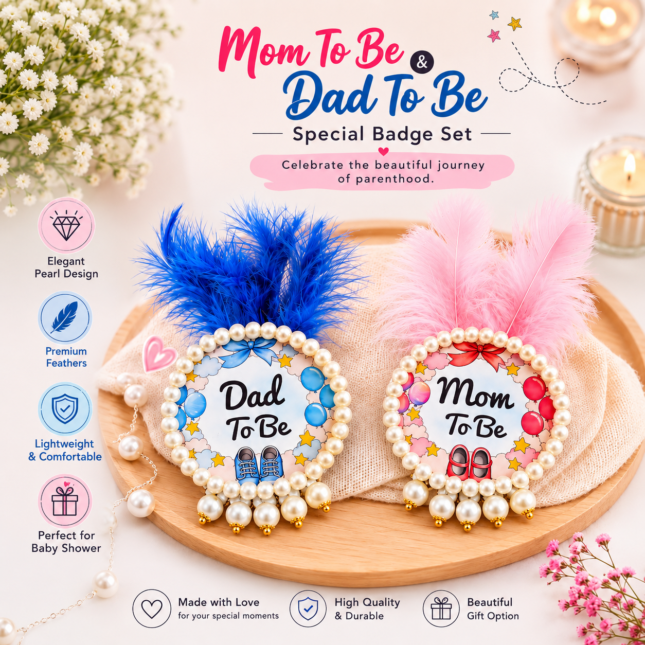 Mom To Be & Dad To Be Baby Shower Badge Set | Pearl Feather Special Brooch for Parents-to-Be