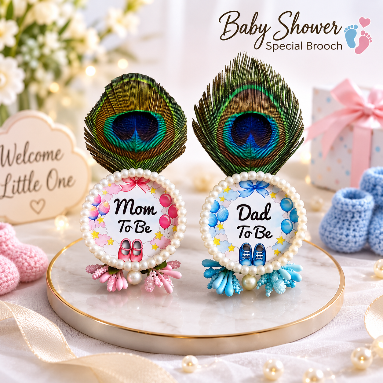 Baby Shower Mom To Be Dad To Be Brooch Pair | Pearl & Peacock Feather Badges