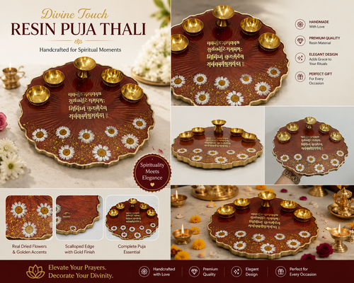 "Resin Puja Thali with Dried Flowers – Handmade Decorative Pooja Plate for Diwali, Home Temple & Gifting"