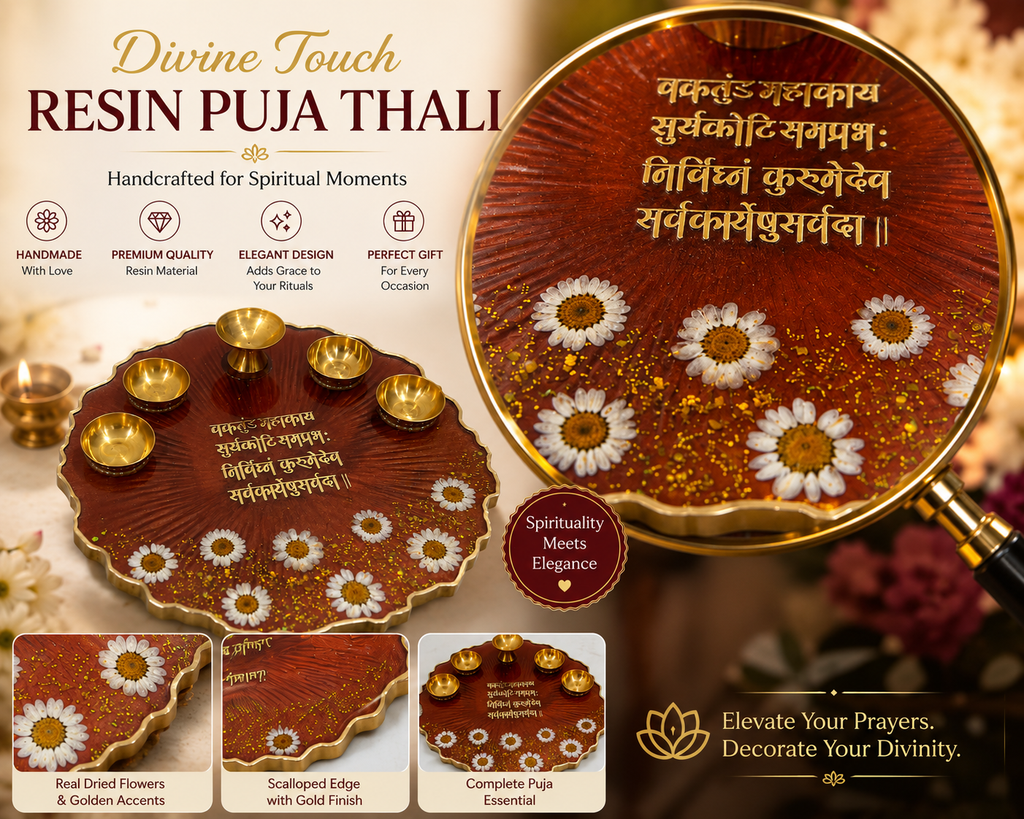 "Resin Puja Thali with Dried Flowers – Handmade Decorative Pooja Plate for Diwali, Home Temple & Gifting"