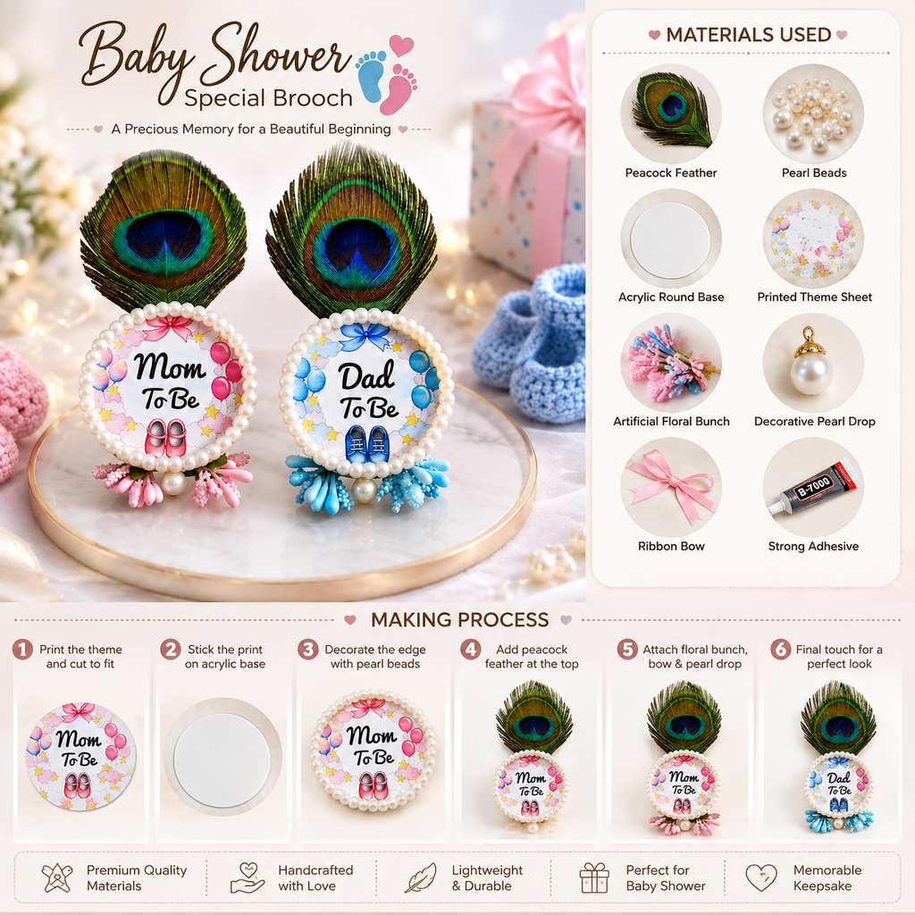Baby Shower Mom To Be Dad To Be Brooch Pair | Pearl & Peacock Feather Badges