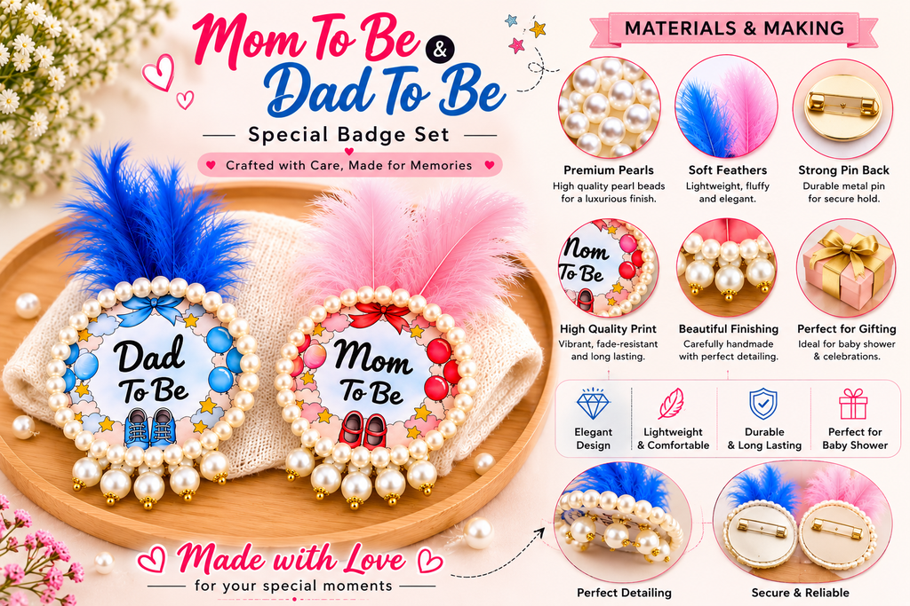 Mom To Be & Dad To Be Baby Shower Badge Set | Pearl Feather Special Brooch for Parents-to-Be