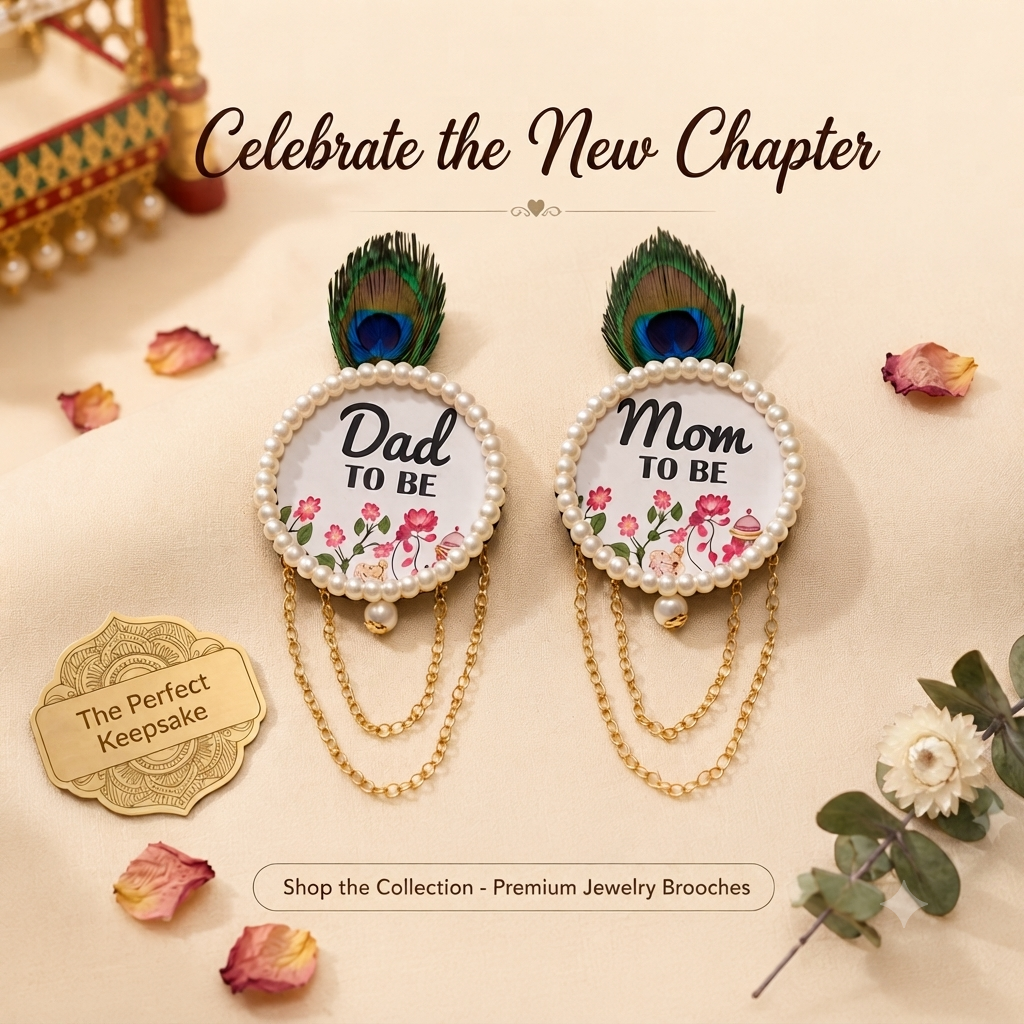 Mom Dad To Be Baby Shower Brooch Set | Premium Pearl Peacock Feather Couple Brooches | Mom & Dad To Be Gift