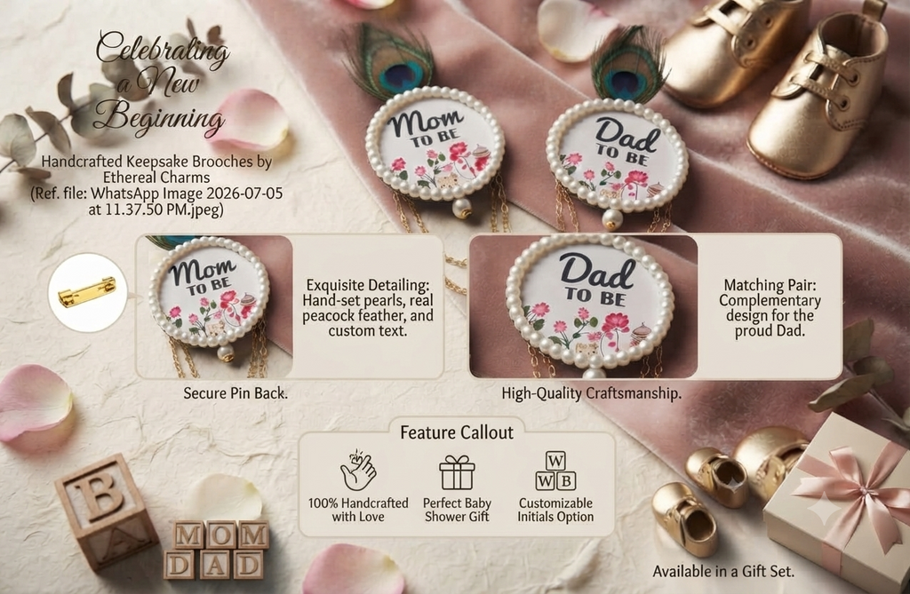 Mom Dad To Be Baby Shower Brooch Set | Premium Pearl Peacock Feather Couple Brooches | Mom & Dad To Be Gift