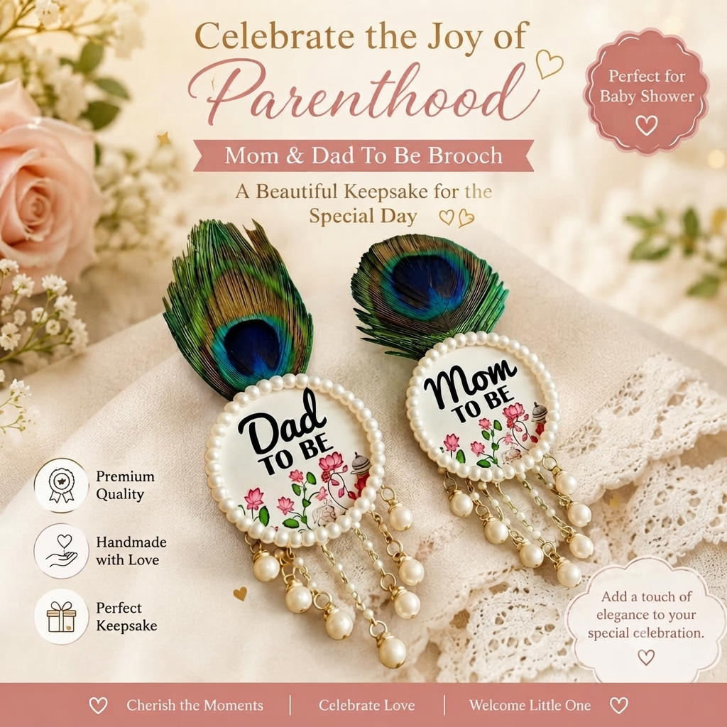 Mom & Dad To Be Peacock Pearl Brooch Set – Handmade Baby Shower Pins