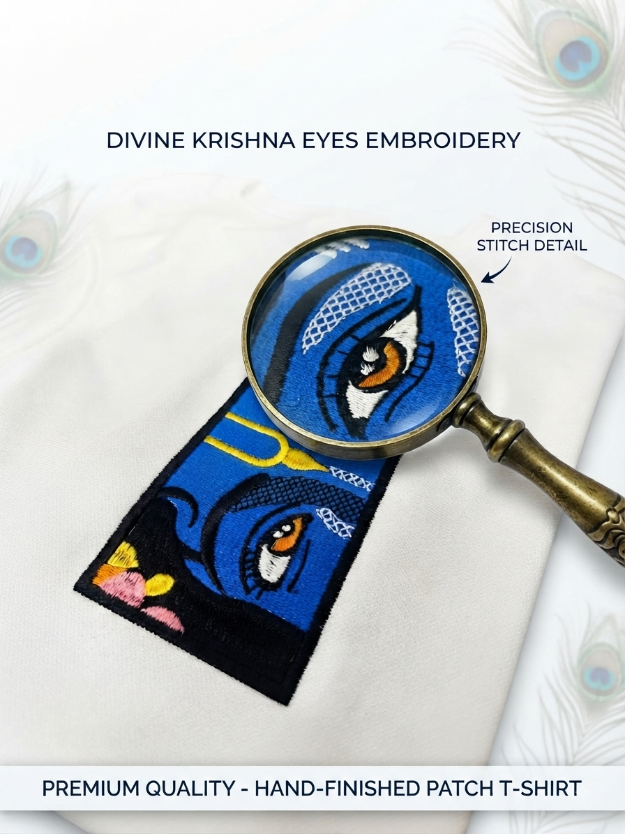 Divine Krishna Eyes Embroidered T-Shirt for Men | Premium Cotton Graphic Embroidery Tee
