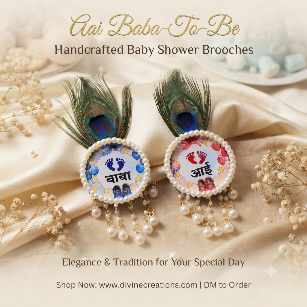 Marathi Baby Shower Mom Dad To Be Brooch Set – आई बाबा Peacock Feather Traditional Godh Bharai Brooch Pair
