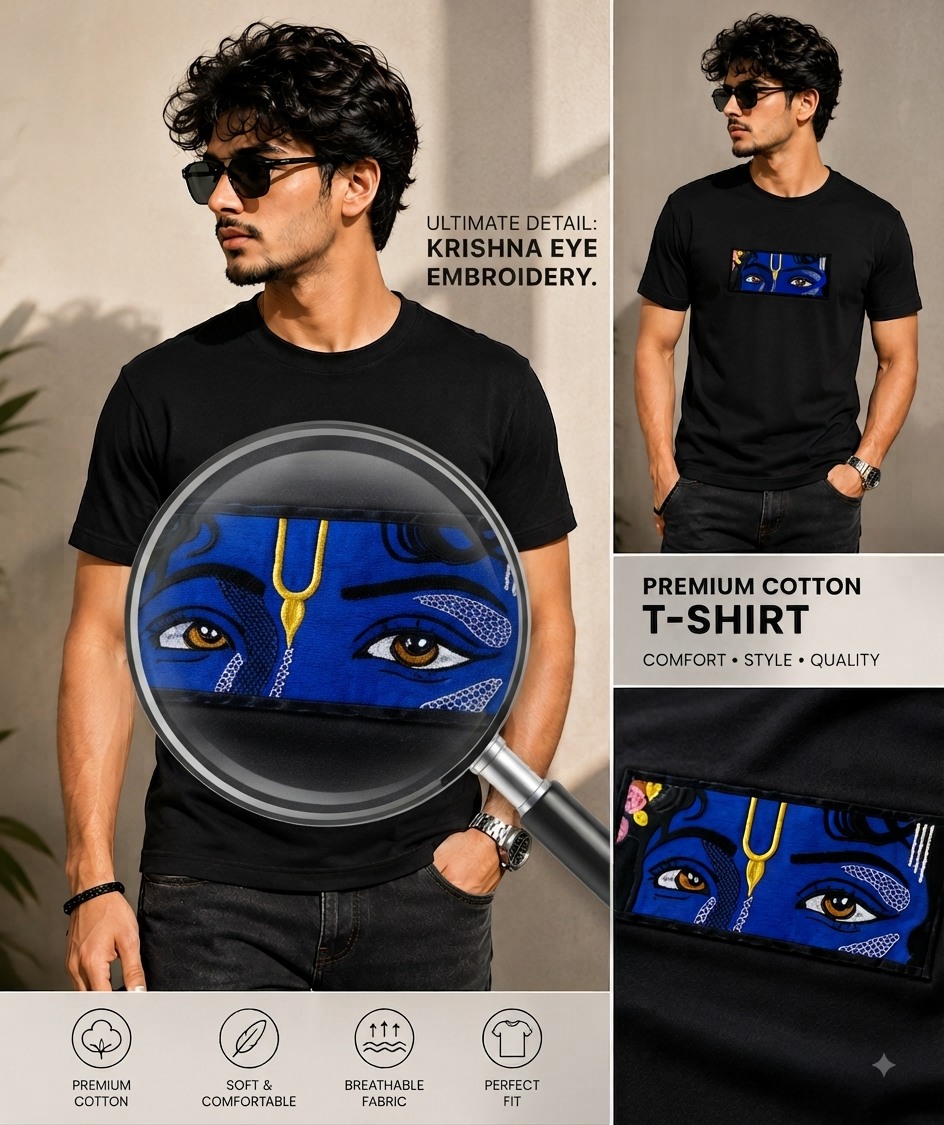 Divine Krishna Eyes Embroidered T-Shirt for Men | Premium Cotton Graphic Embroidery Tee
