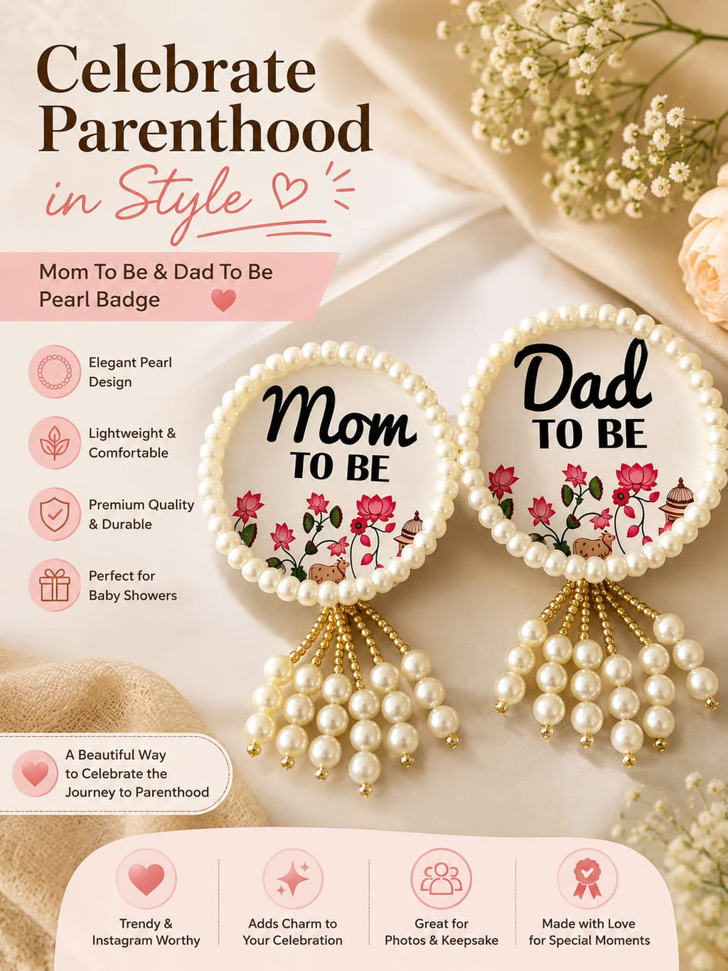 Mom To Be & Dad To Be Pearl Badges | Baby Shower Ceremony Brooch Set | Godh Bharai Mom Dad To Be Badge | Baby Shower Couple Accessories