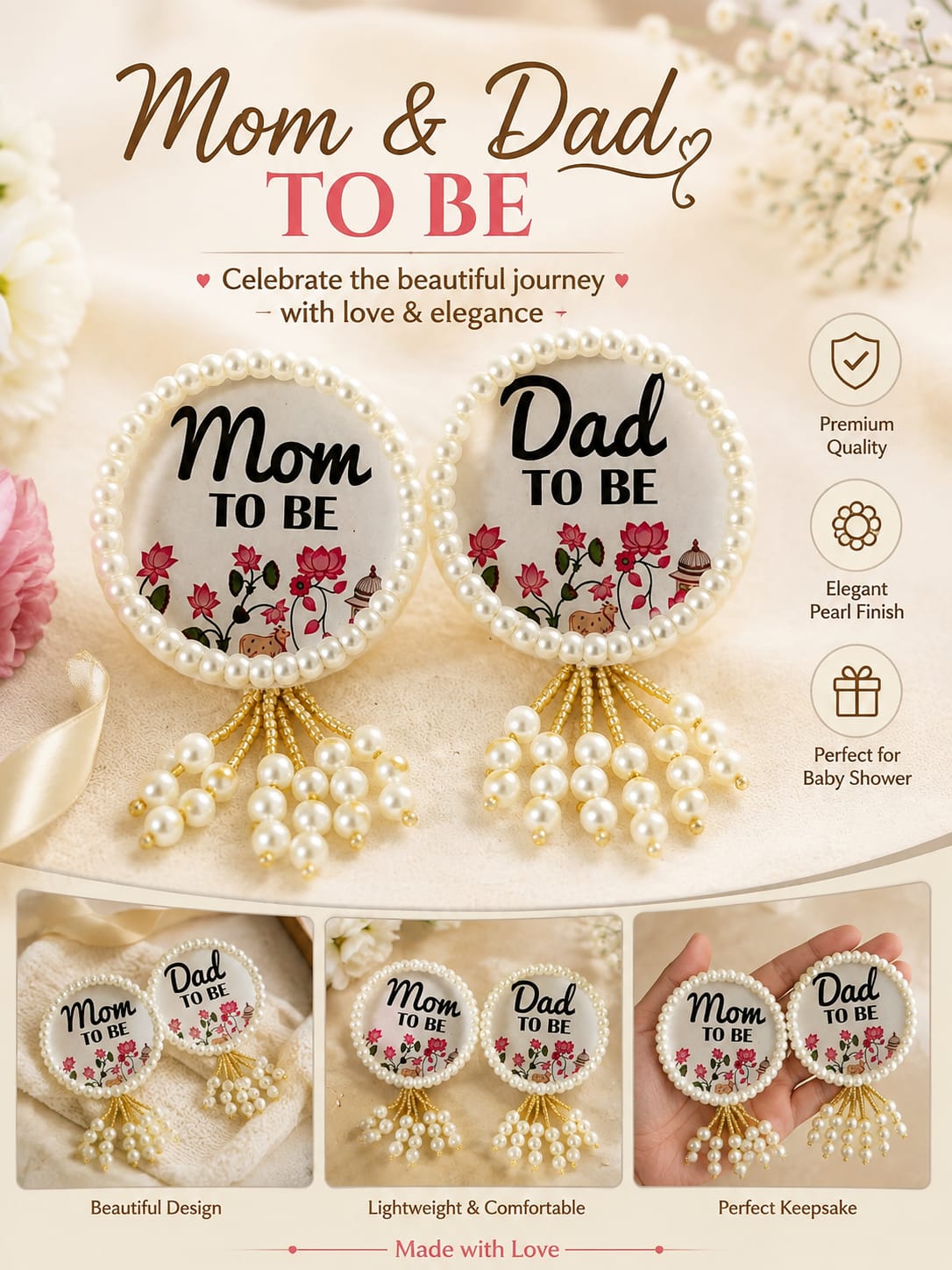 Mom To Be & Dad To Be Pearl Badges | Baby Shower Ceremony Brooch Set | Godh Bharai Mom Dad To Be Badge | Baby Shower Couple Accessories