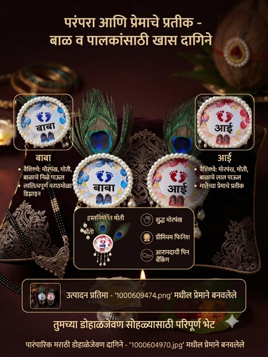Marathi Baby Shower Mom Dad To Be Brooch Set – आई बाबा Peacock Feather Traditional Godh Bharai Brooch Pair