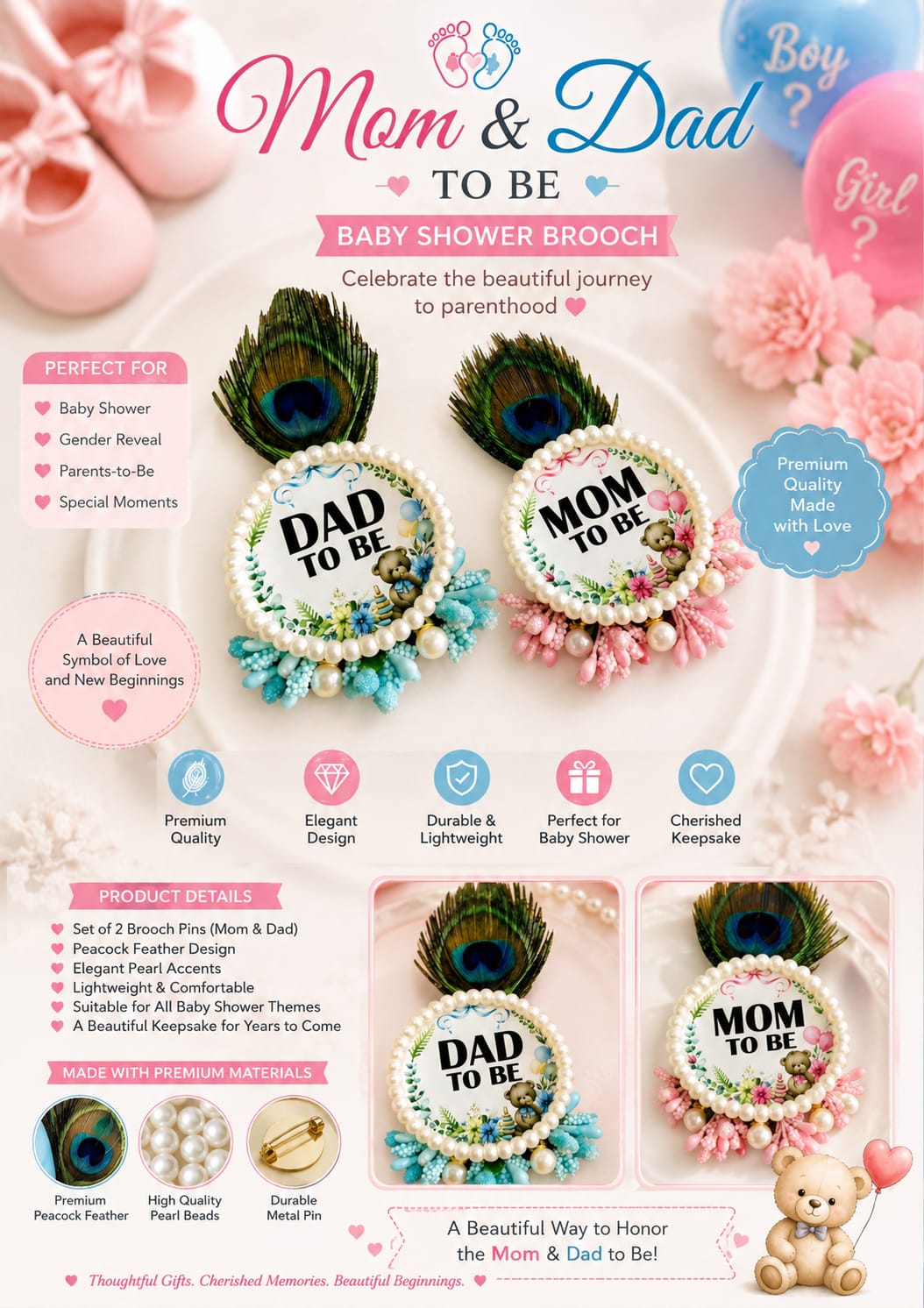 Peacock Feather Mom & Dad To Be Brooch Set – Premium Handcrafted Baby Shower Pins (Set of 2)