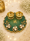 Premium Green Resin Pooja Thali Set with Golden Diya Bowls & Pearl Floral Decor